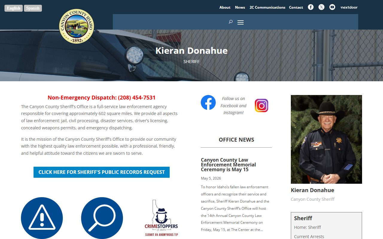 Canyon County Sheriff homepage with mission and contact details