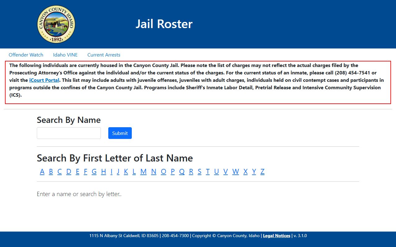 Canyon County Jail Roster search portal