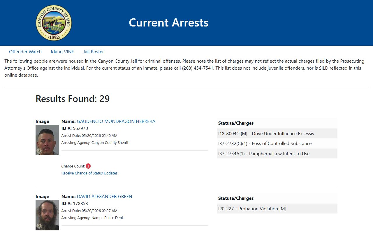 Canyon County Current Arrests page
