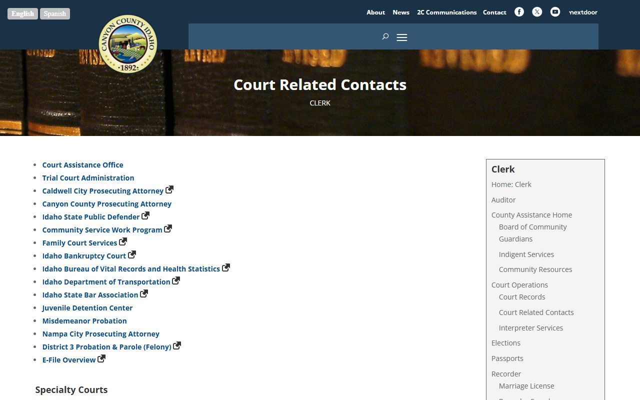Canyon County Clerk court related contacts for court records