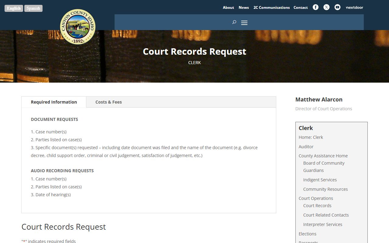 Canyon County court records request form page