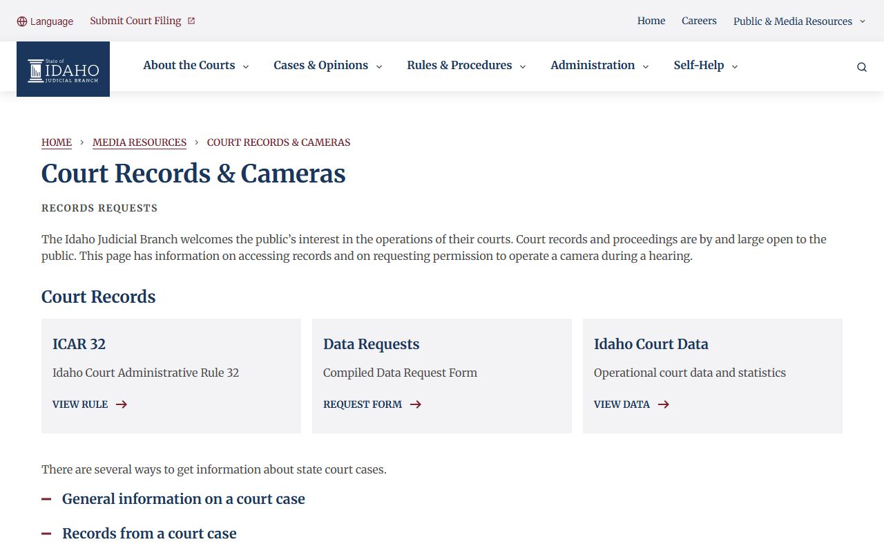 Idaho Courts records and camera request page for Canyon County court records