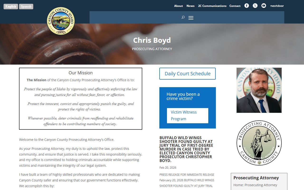 Canyon County Prosecuting Attorney office overview for Canyon County criminal records