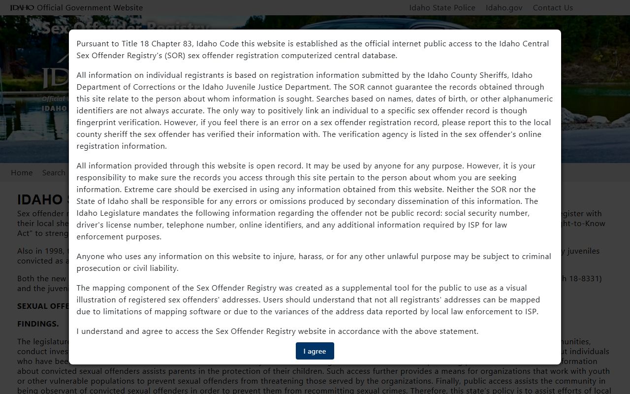 Idaho Sex Offender Registry search portal for Canyon County criminal records