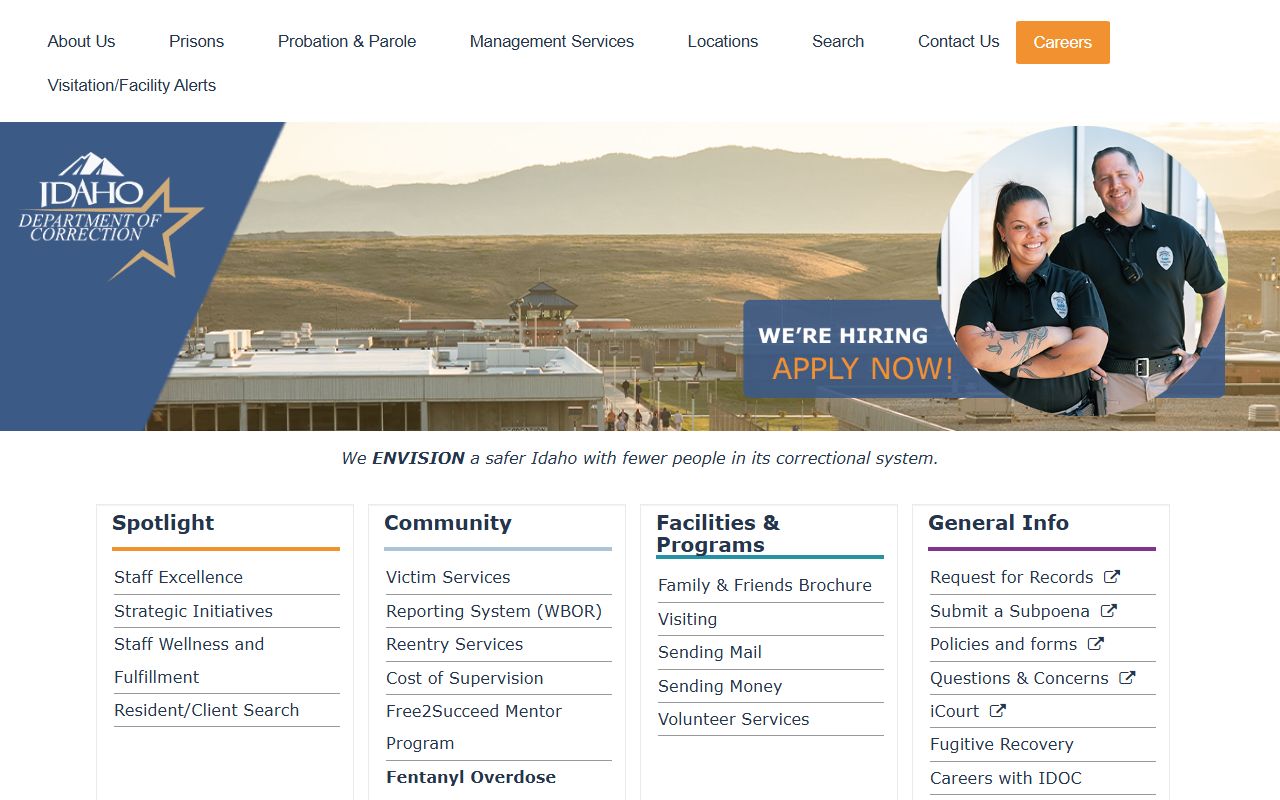 Idaho Department of Correction homepage for Canyon County criminal records