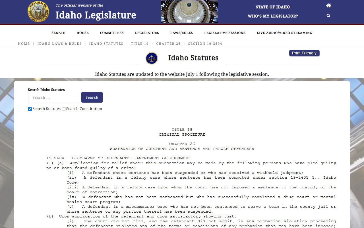 Idaho Code 19-2604 dismissal and discharge statute for Canyon County criminal records