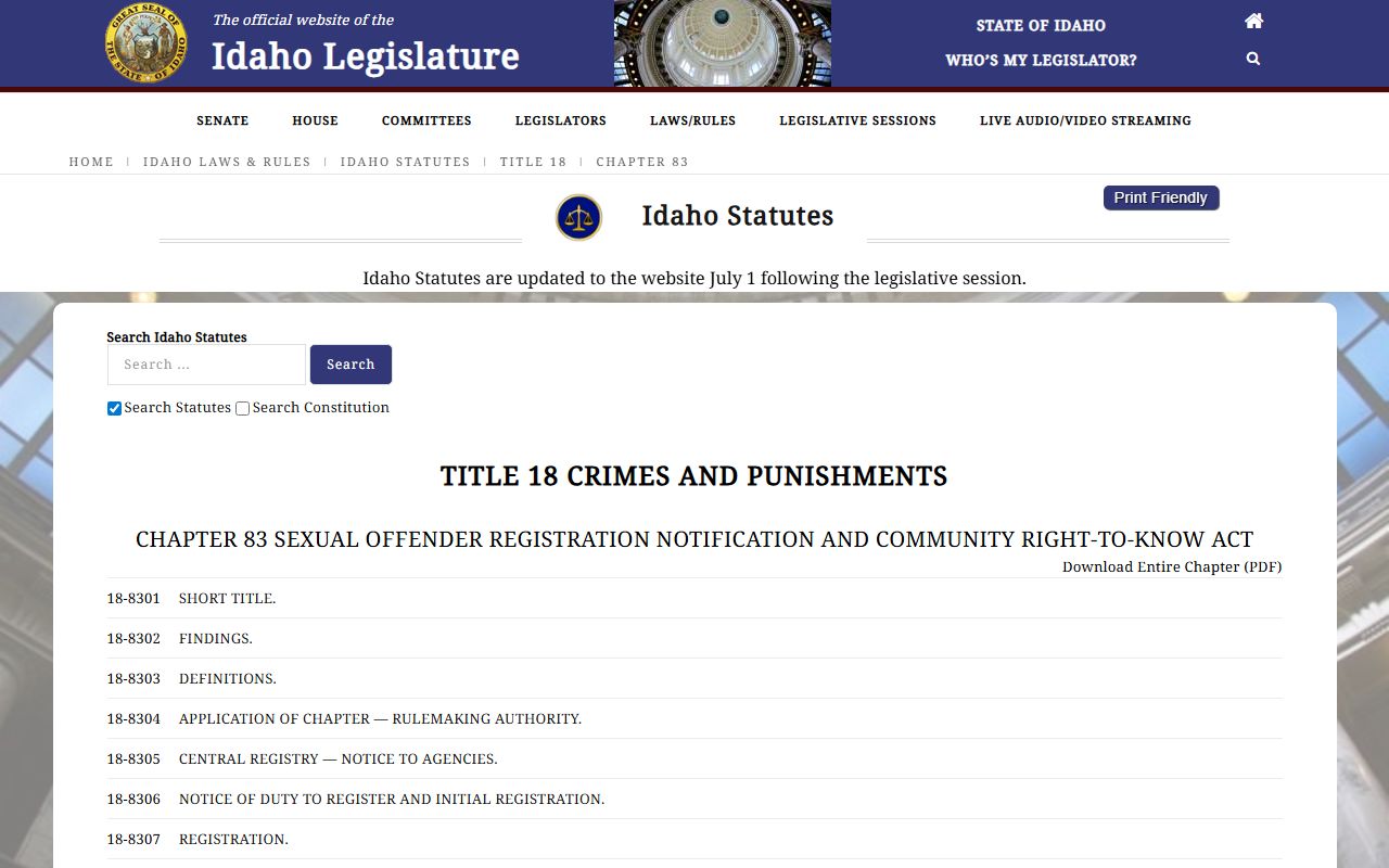 Idaho sex offender registration statutes for Canyon County criminal records