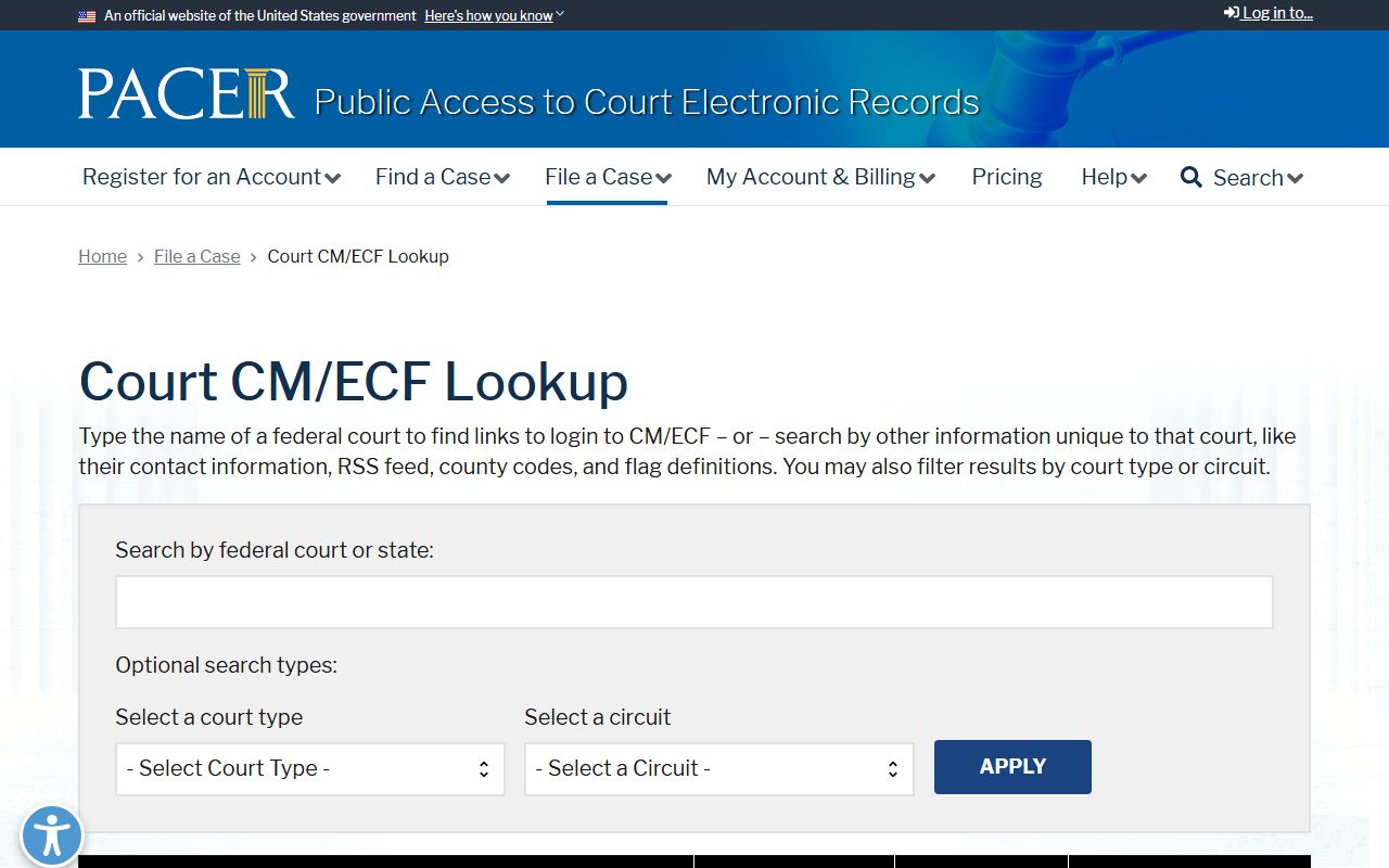 PACER CM/ECF court lookup tool used to find federal cases tied to Canyon County