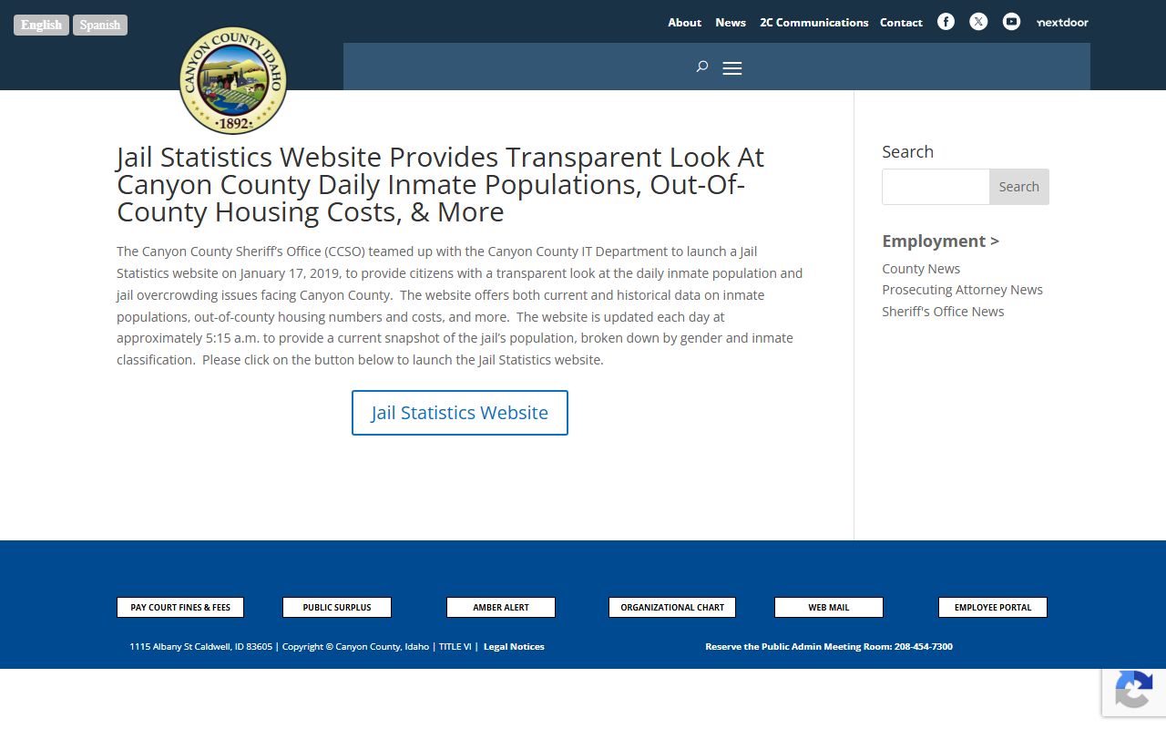 Canyon County jail statistics website announcement covering daily inmate population, classification, and out-of-county housing data