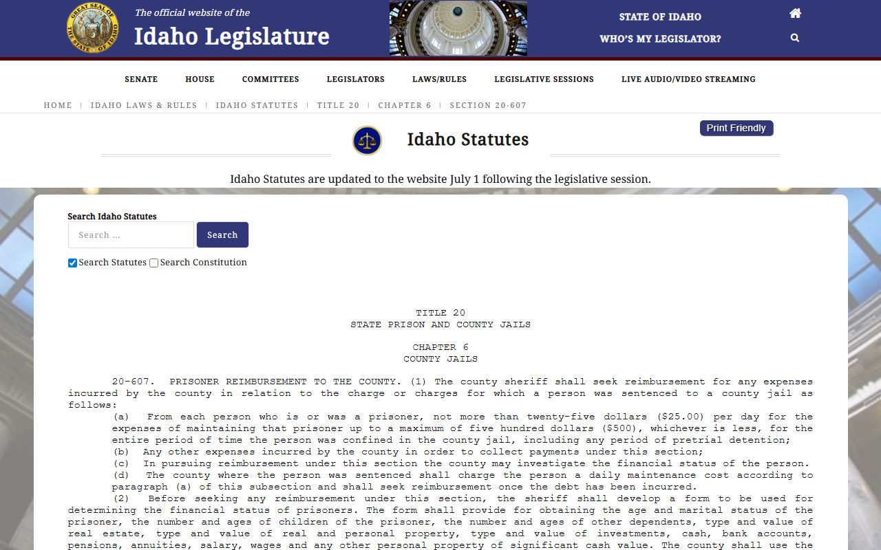 Idaho Code 20-607 jail reimbursement statute referenced by the Canyon County Detention Center for sentenced inmate costs