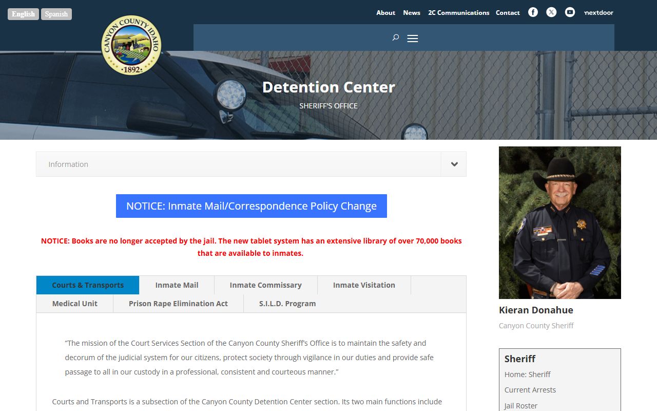 Canyon County Sheriff Detention Center page for the inmate search and jail roster