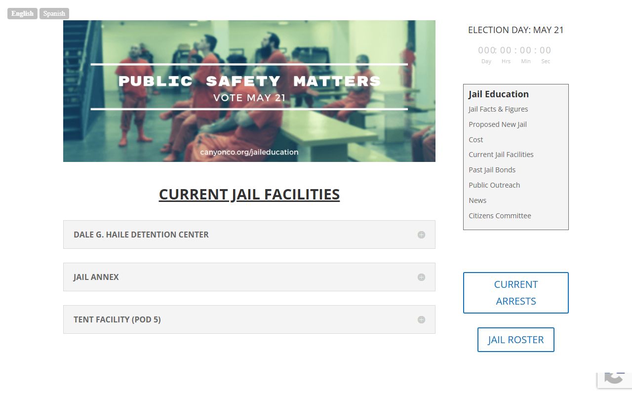 Canyon County current jail facilities page with capacity for inmate records