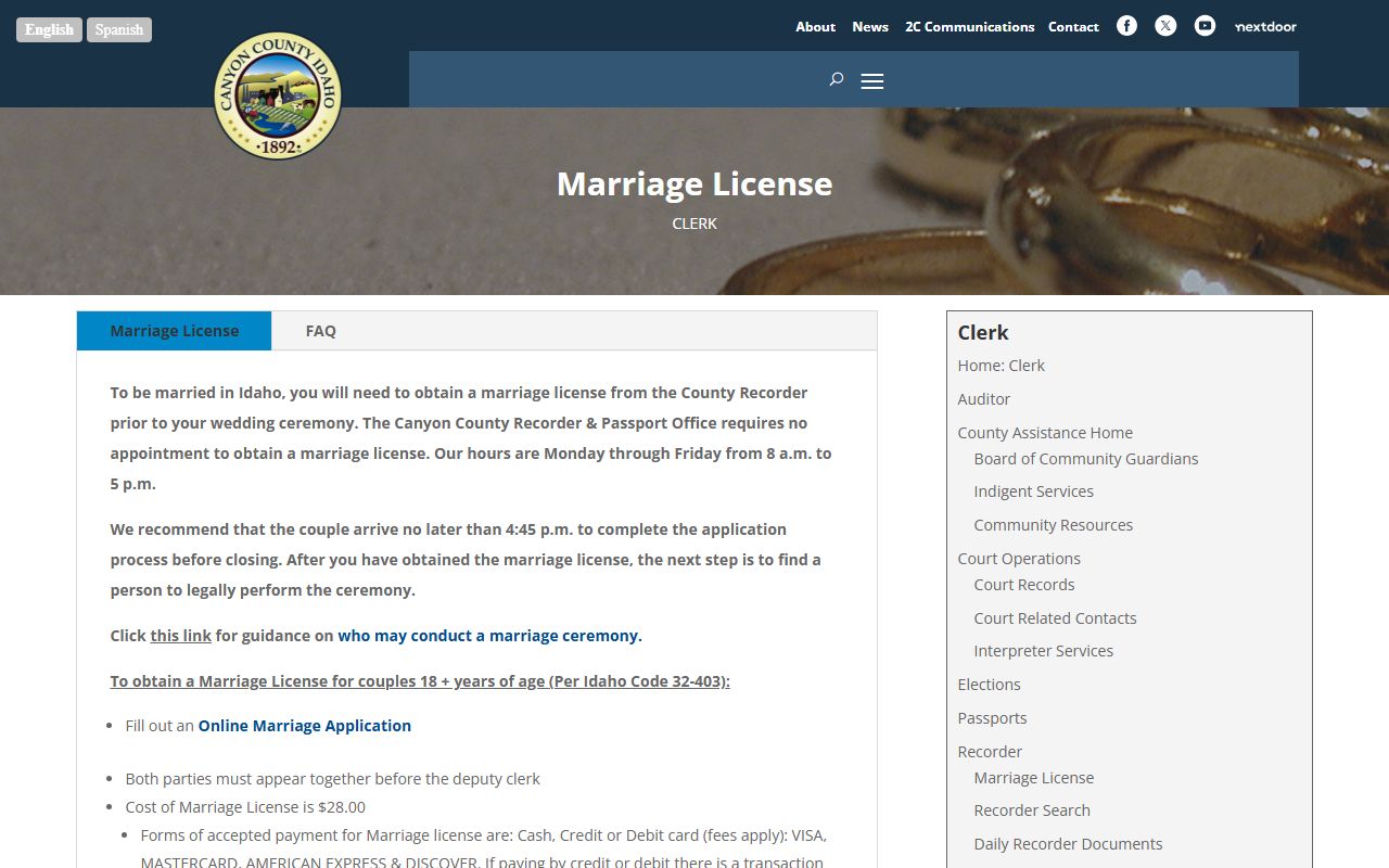 Canyon County marriage license page for Canyon County marriage records