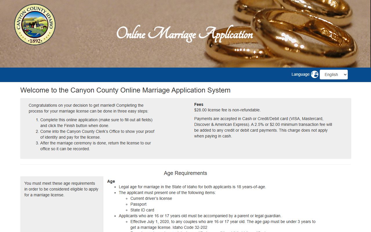 Canyon County online marriage application for Canyon County marriage records