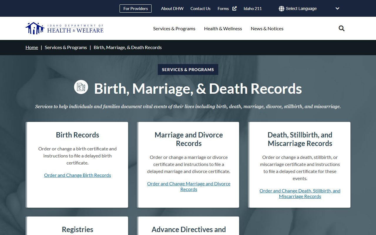 Idaho Vital Records page supporting Canyon County marriage records lookups