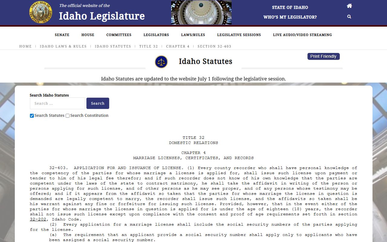 Idaho Code 32-403 marriage license statute used for Canyon County marriage records