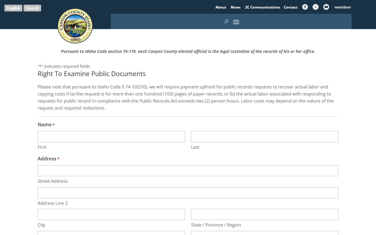 Canyon County public records request form for county office files
