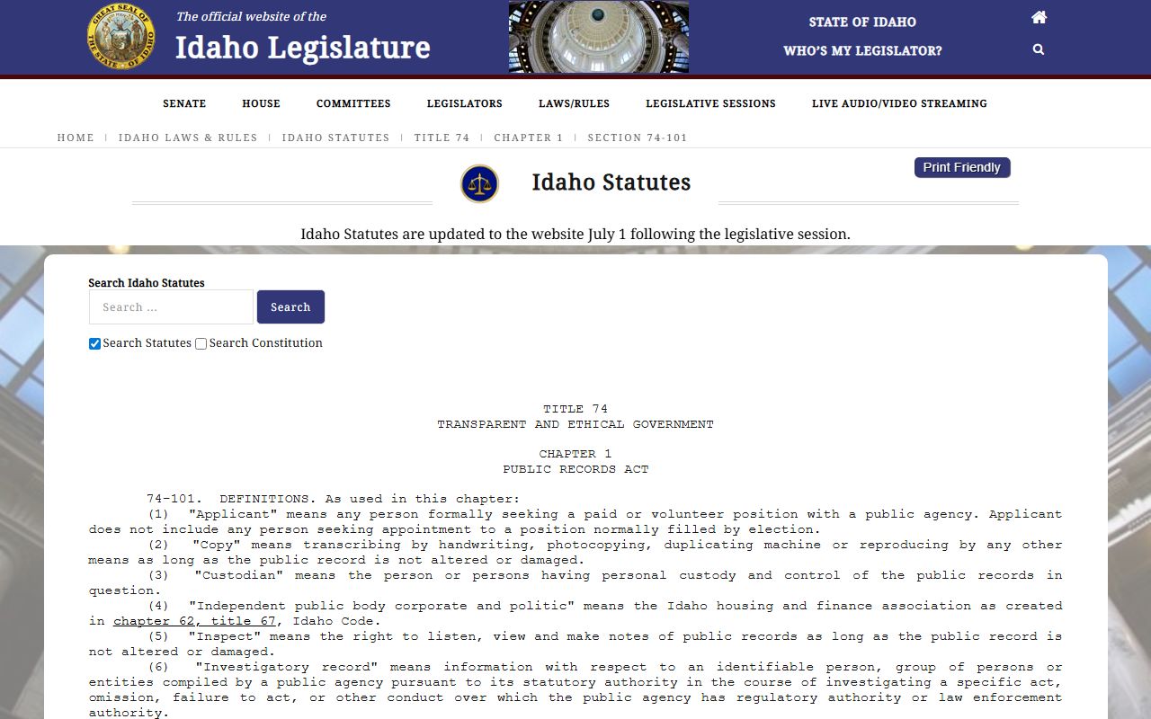 Idaho Code 74-101 public records definitions for Canyon County requests