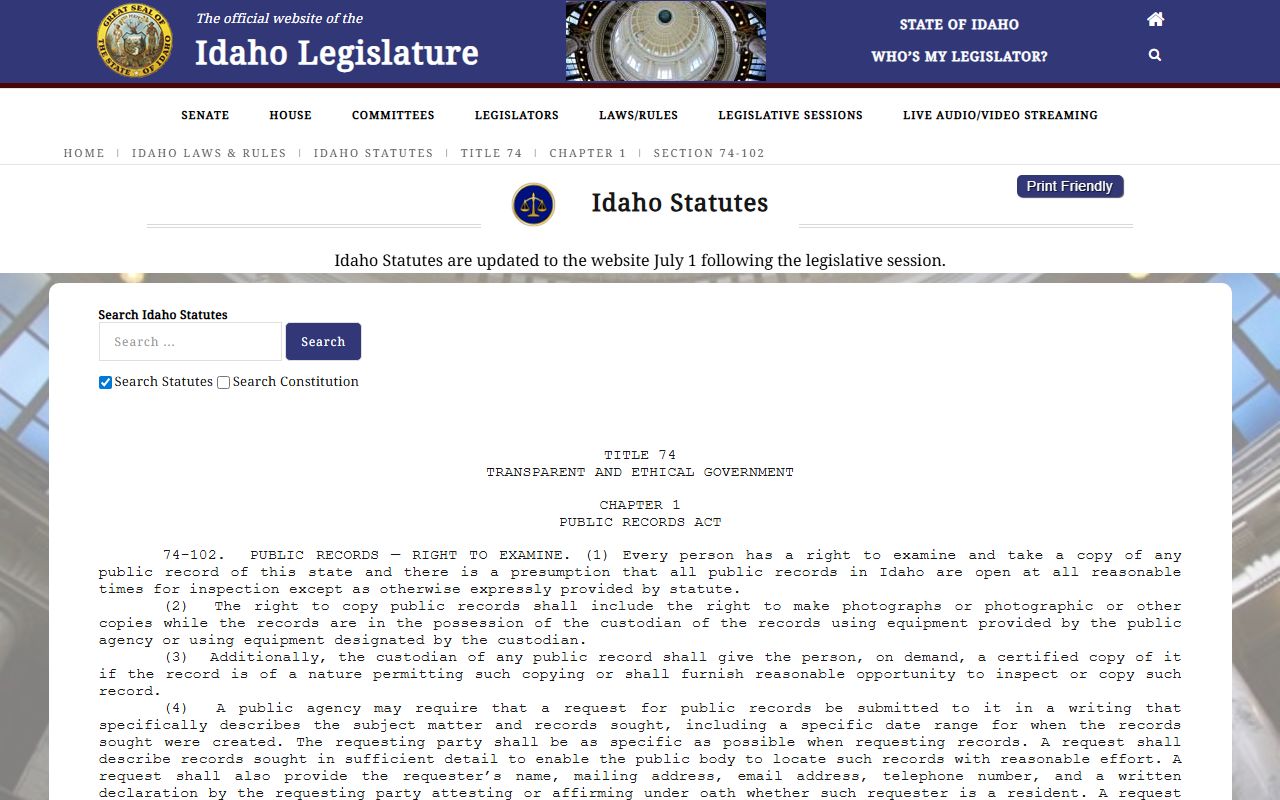 Idaho Code 74-102 right to inspect and copy public records for Canyon County