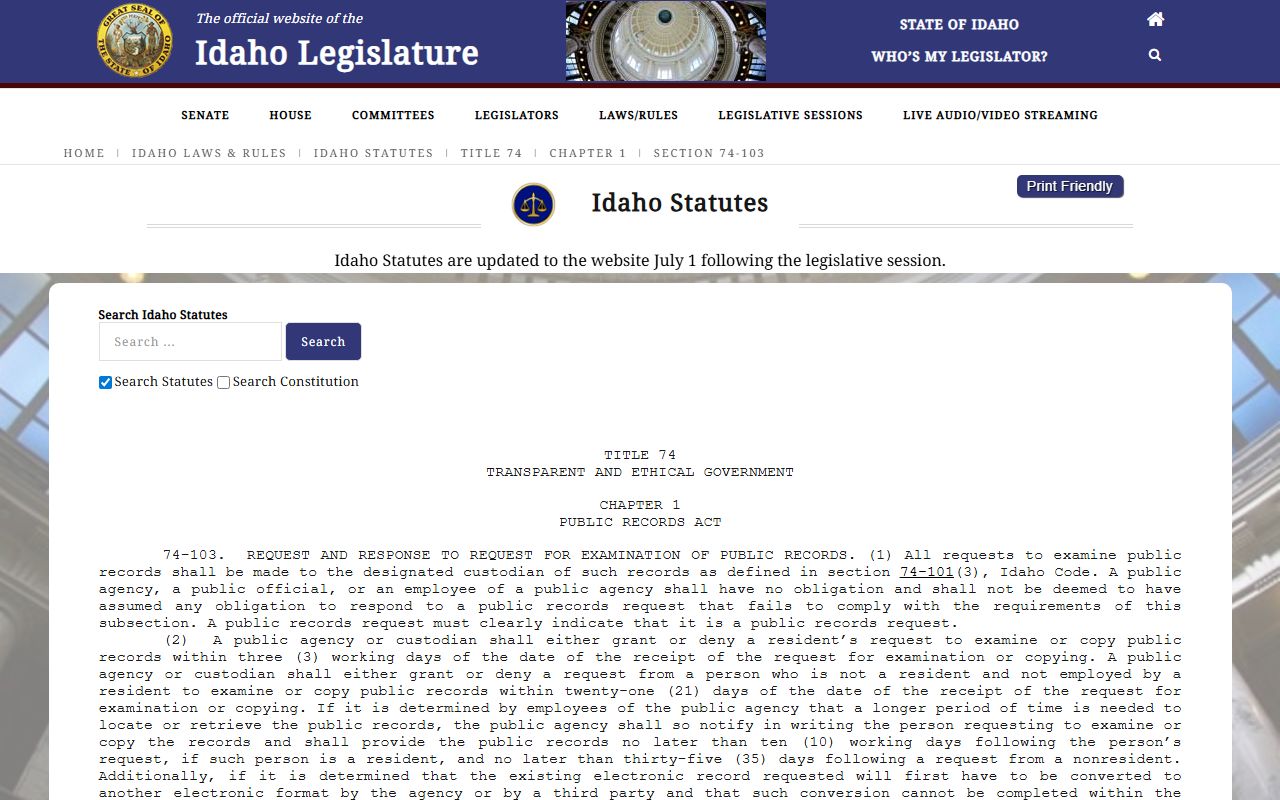 Idaho Code 74-103 public records agency response rule for Canyon County