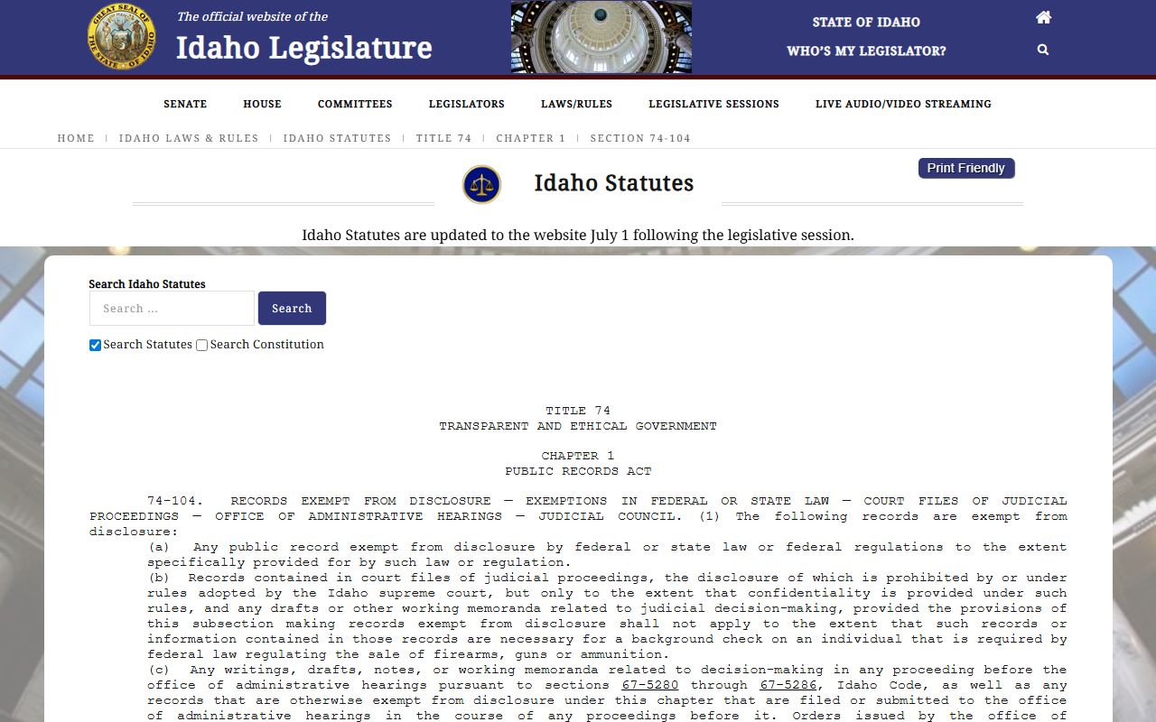 Idaho Code 74-104 judicial records statute reference for Canyon County