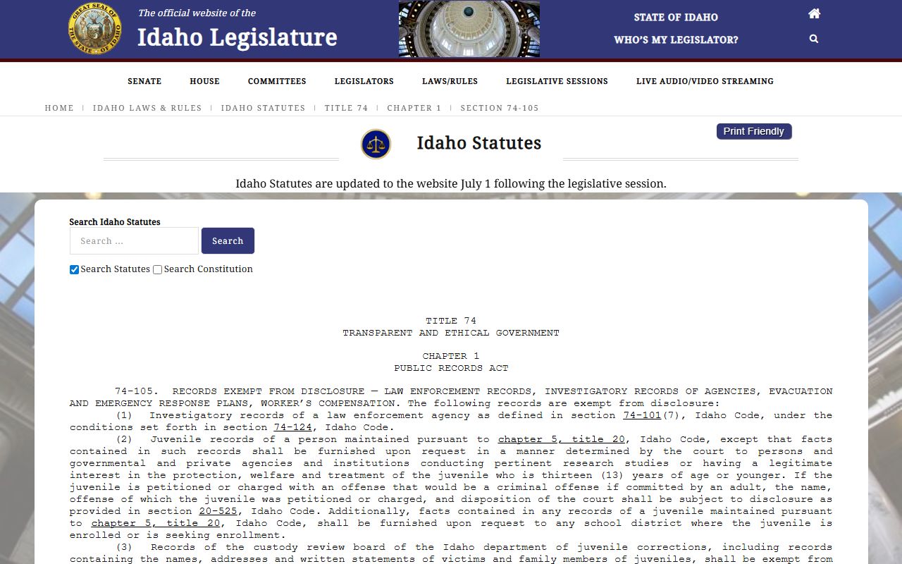Idaho Code 74-105 public records exemptions used by Canyon County offices