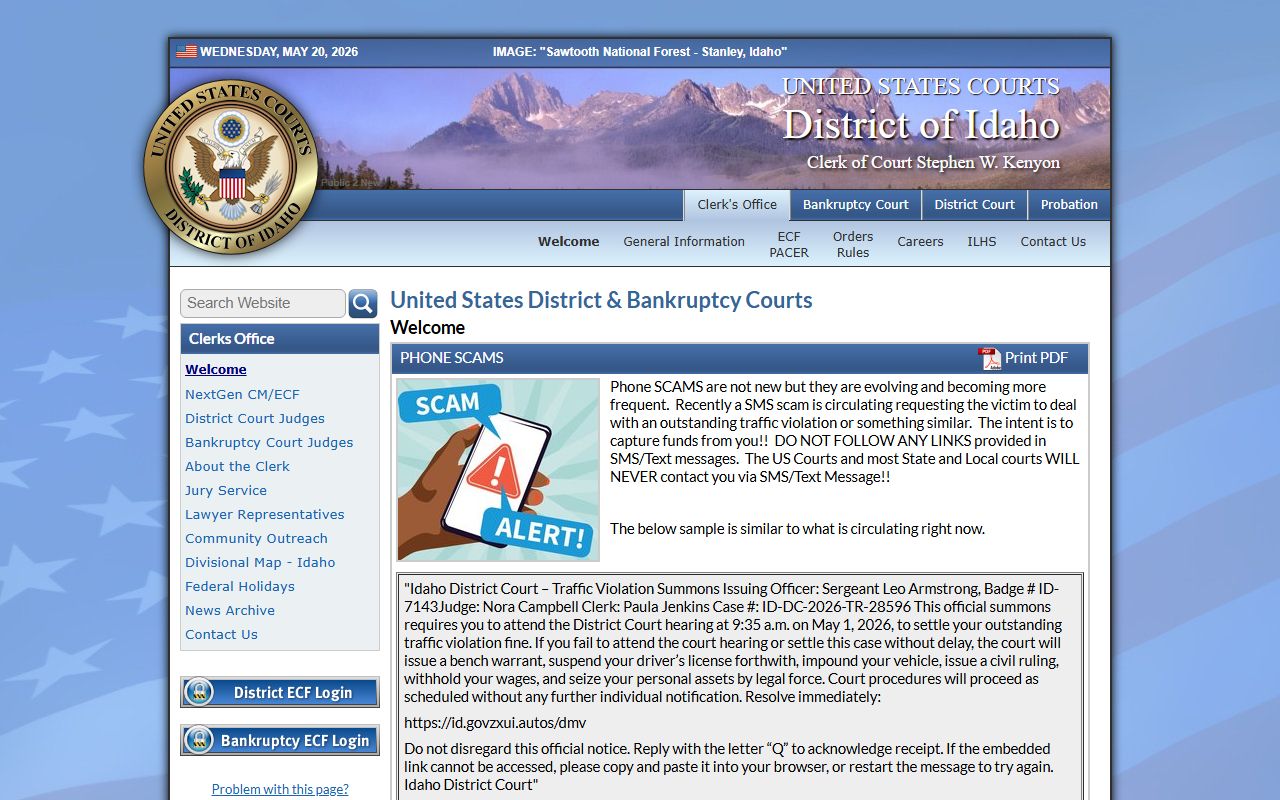 U.S. District Court for the District of Idaho landing page tied to Canyon County federal cases