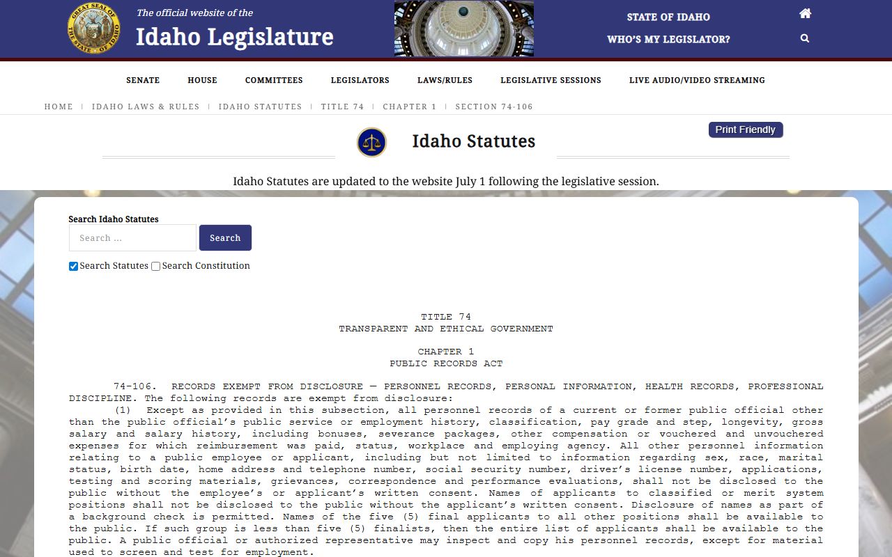 Idaho Code 74-106 law enforcement records exemption for Canyon County traffic court records
