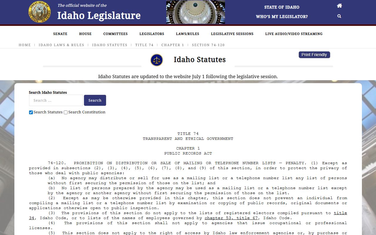 Idaho Code 74-120 public list use restriction for Canyon County traffic court records