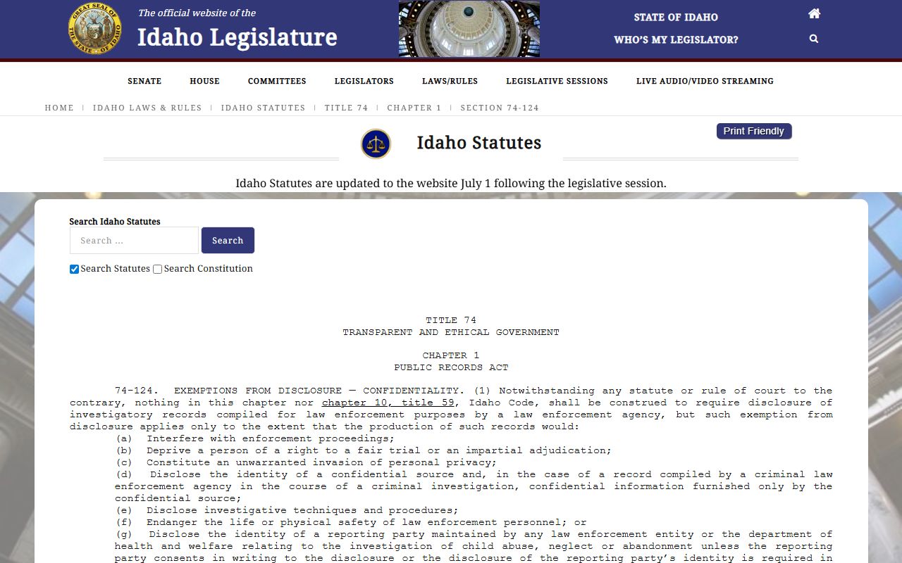 Idaho Code 74-124 security and litigation exemption for Canyon County traffic court records