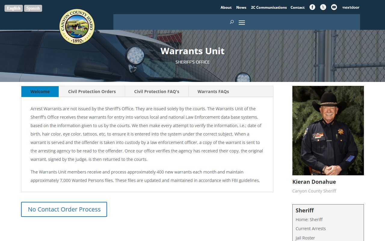 Canyon County Warrants Unit page used for Canyon County warrant records