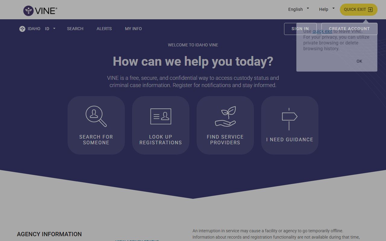 Idaho VINE custody notification portal used for Canyon County warrant follow-up