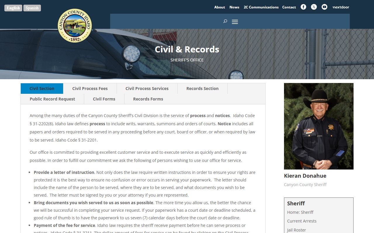 Canyon County Sheriff Civil and Records page used for warrant and civil order questions